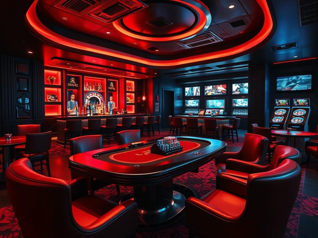 A luxurious VIP room featuring elegant decor, plush seating, and advanced gaming technology. The room should be dimly lit with a vibrant atmosphere, showcasing a stylish bar in the background. The focus should be on a well-designed gaming table with high-end equipment, creating an inviting and exclusive ambiance. The color scheme should include bold reds and deep blacks, highlighting the modern and upscale nature of the space.