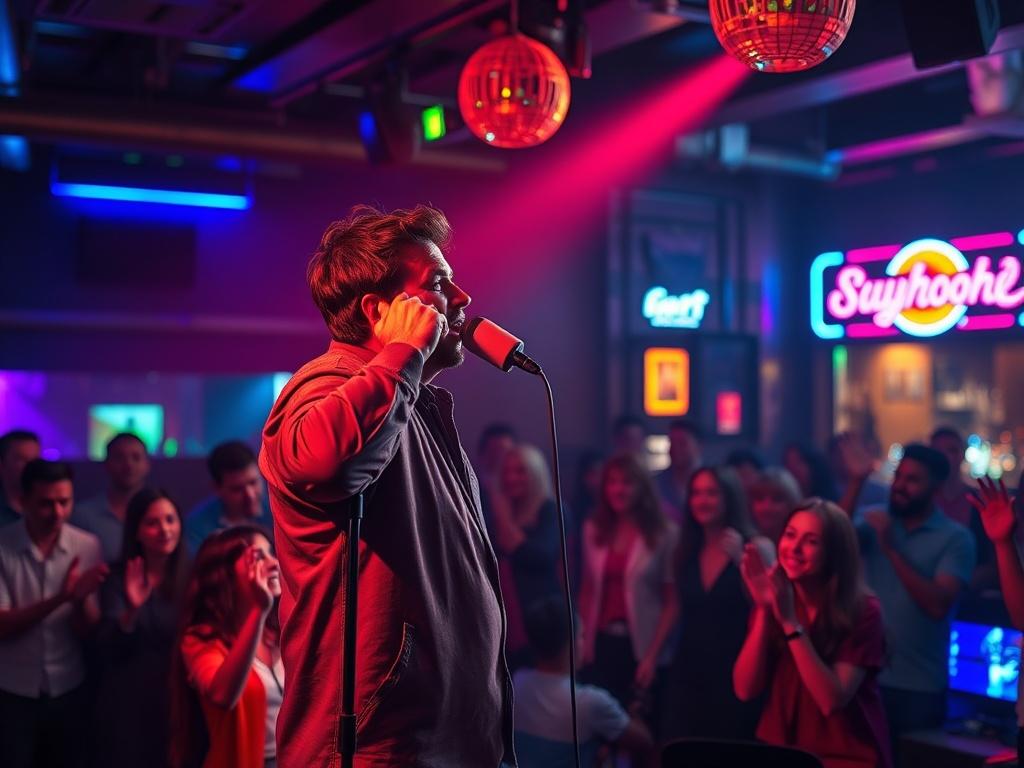 A lively karaoke night scene featuring a solo singer on stage, passionately performing into a microphone. The background is filled with an enthusiastic audience cheering and clapping, illuminated by colorful stage lights. The setting has a vibrant, nightlife atmosphere with a modern bar visible, decorated with neon signs. Focus on the singer, capturing the energy and excitement of the event, with bold vibrant colors and clean lines.