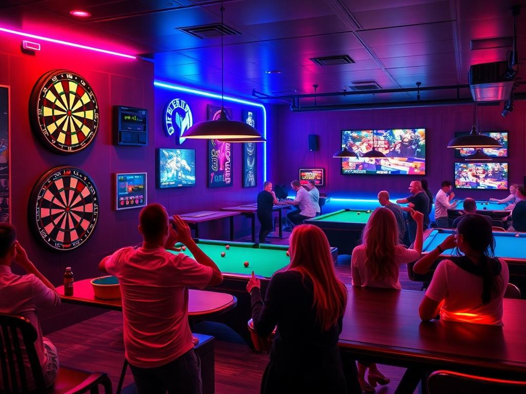 A vibrant and dynamic scene showcasing a lively gaming lounge with adults participating in various activities like darts, billiards, and esports. The setting is modern and stylish, with colorful lights and a lively atmosphere. There should be a dartboard prominently displayed, billiard tables in the background, and a group of friends cheering for an esports match on a large screen. The color palette should include bold, vibrant colors that reflect the energy of the events, with a focus on engaging and socia