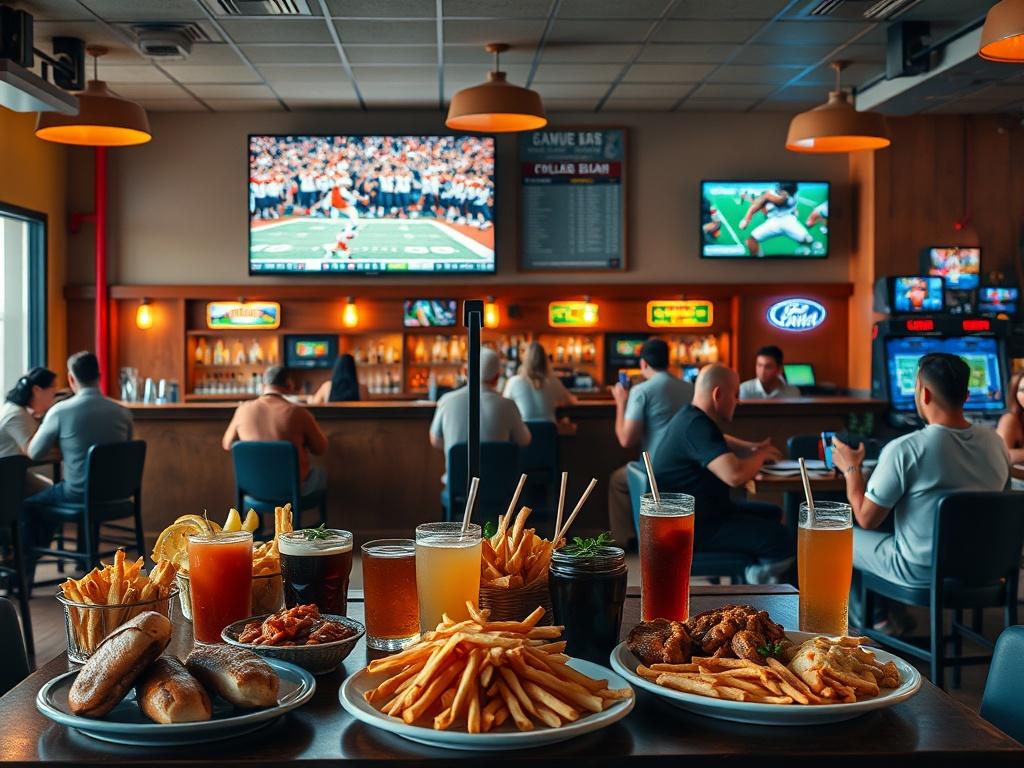 A vibrant sports bar scene showcasing a large screen displaying a college football game. In the foreground, a variety of delicious food and drink specials are artfully arranged on a table. Surrounding the bar, groups of friends are engaged in playing sports-themed board games and video games, creating a lively and festive atmosphere. The setting is warm and inviting, with bold colors and minimalistic design elements that emphasize the excitement of the game day.