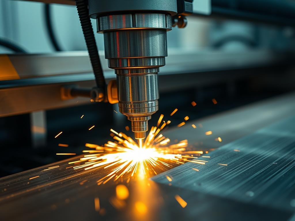 A high-resolution close-up shot of a CNC laser cutting machine in action, focusing on the precision of the laser beam cutting through a steel sheet. The background should be softly blurred to emphasize the machine and the cutting process, capturing sparks flying from the cut edge. The scene should convey a sense of advanced technology and precision engineering, with colors and lighting that complement the RGB color scheme of rgb(2, 86, 197).