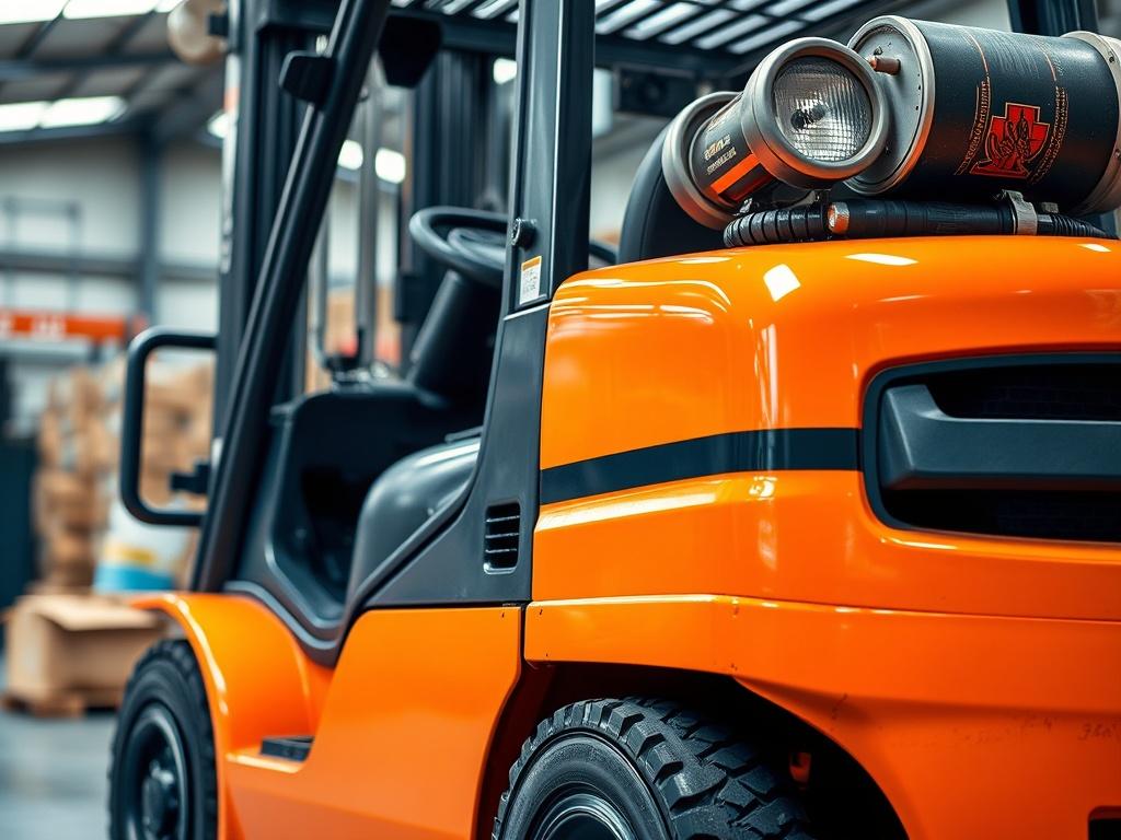 A hyper-realistic close-up shot of a well-maintained forklift in an industrial setting, showcasing its features and details. The background should be blurred to emphasize the forklift, with a focus on the machinery's vibrant colors and textures. The lighting should be bright and natural, highlighting the cleanliness and operational readiness of the forklift.