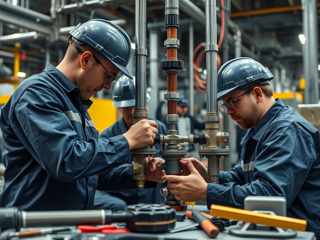 Technicians installing a lubrication system in an industrial setting, carefully