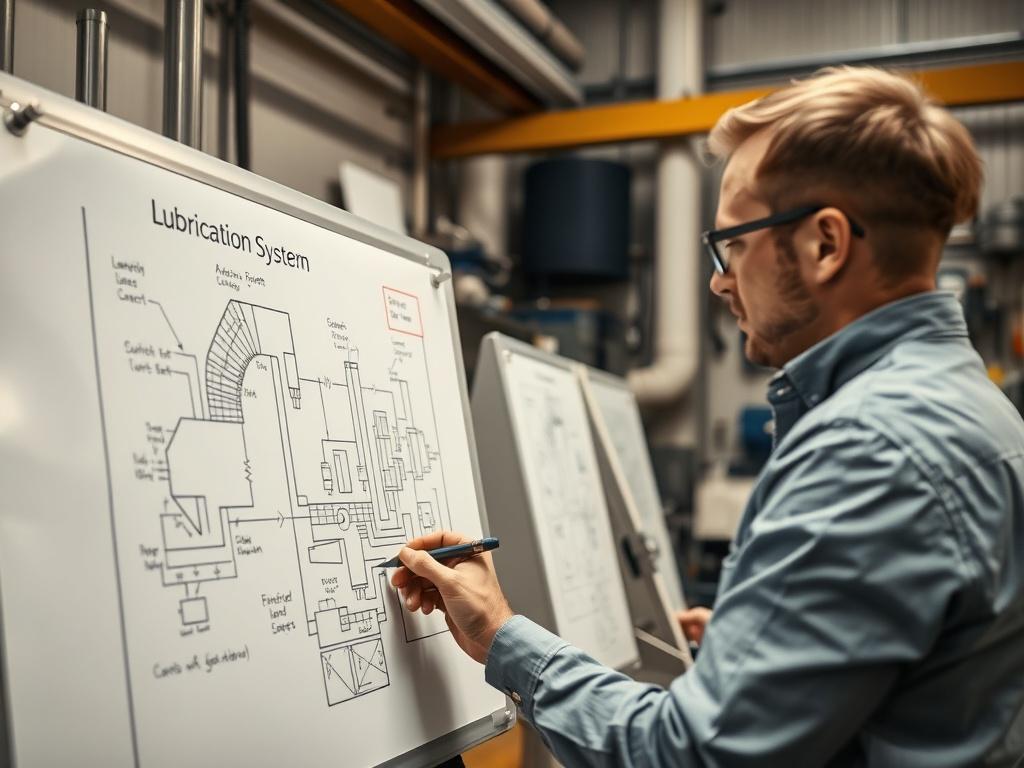 A designer sketching a lubrication system layout on a whiteboard,