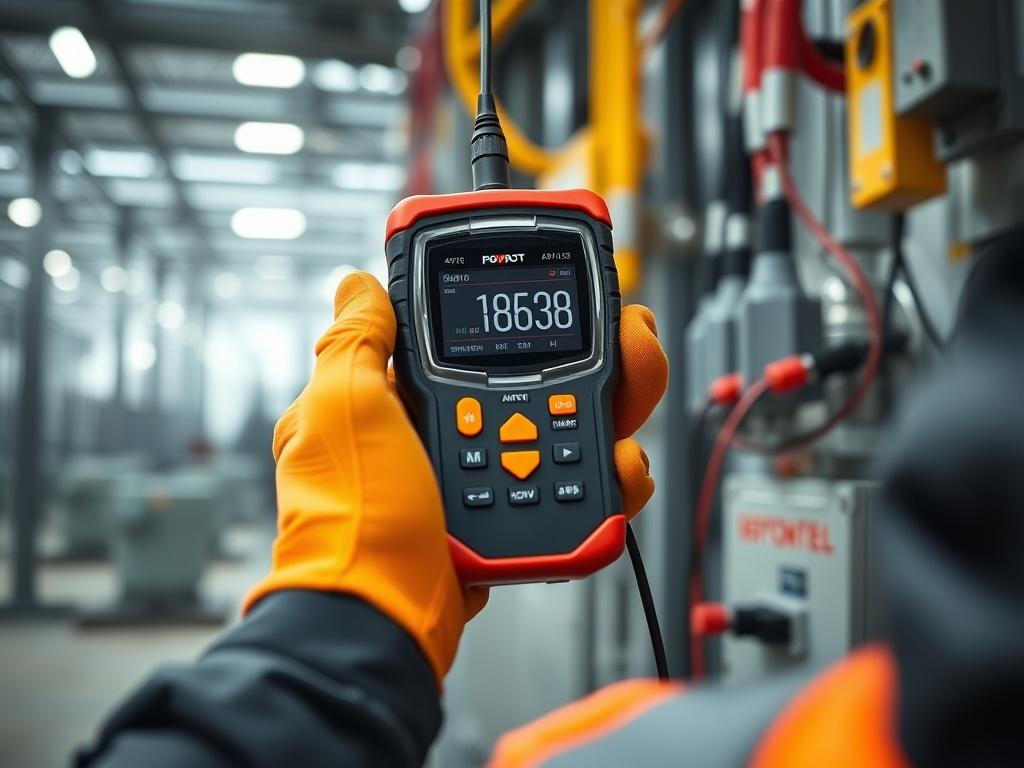 A close-up shot of a handheld electrical monitoring instrument being used to inspect power facilities. The scene should focus on the instrument in the technician's hands, showcasing its digital display and precision. The background should be slightly blurred, highlighting power facility elements like cables, transformers, or panels, with a clean, industrial setting. The color scheme should include the primary color rgb(2, 86, 197) subtly integrated into the equipment or environment.