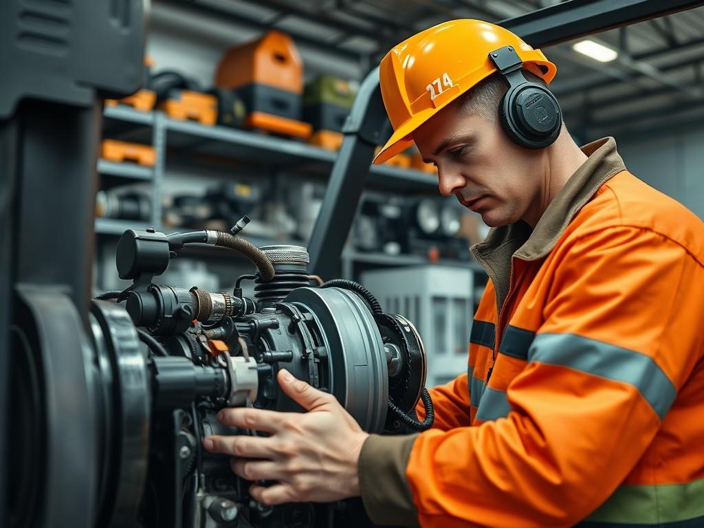 A close-up shot of a skilled technician working on the engine of a forklift in a modern workshop. The technician is focused on the engine, wearing safety gear, with tools and parts scattered around. The background features organized shelves with various forklift parts and equipment. The lighting is bright and emphasizes the detail on the technician's hands and the intricate components of the engine. The overall composition is clear and showcases the expertise of the technician in engine repair.