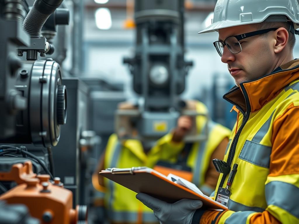 A close-up shot of a technician inspecting industrial machinery during an initial assessment. The technician is focused, wearing safety gear, and holding a clipboard with notes. The background features industrial equipment and tools in a well-lit environment, showcasing a professional assessment setting. The image should have a hyper-realistic quality, with vibrant colors emphasizing the technician's concentration and the details of the machinery.