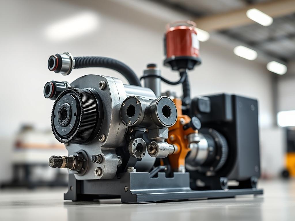 A close-up shot of a high-quality forklift lubrication pump, showcasing its intricate components and design. The pump should be prominently displayed in the center, with a sleek and modern background that highlights its functionality. The lighting should be bright and focused, emphasizing the pump's details and textures, while maintaining a clean and professional appearance. The colors should align with the rgb(2, 86, 197) primary color scheme.