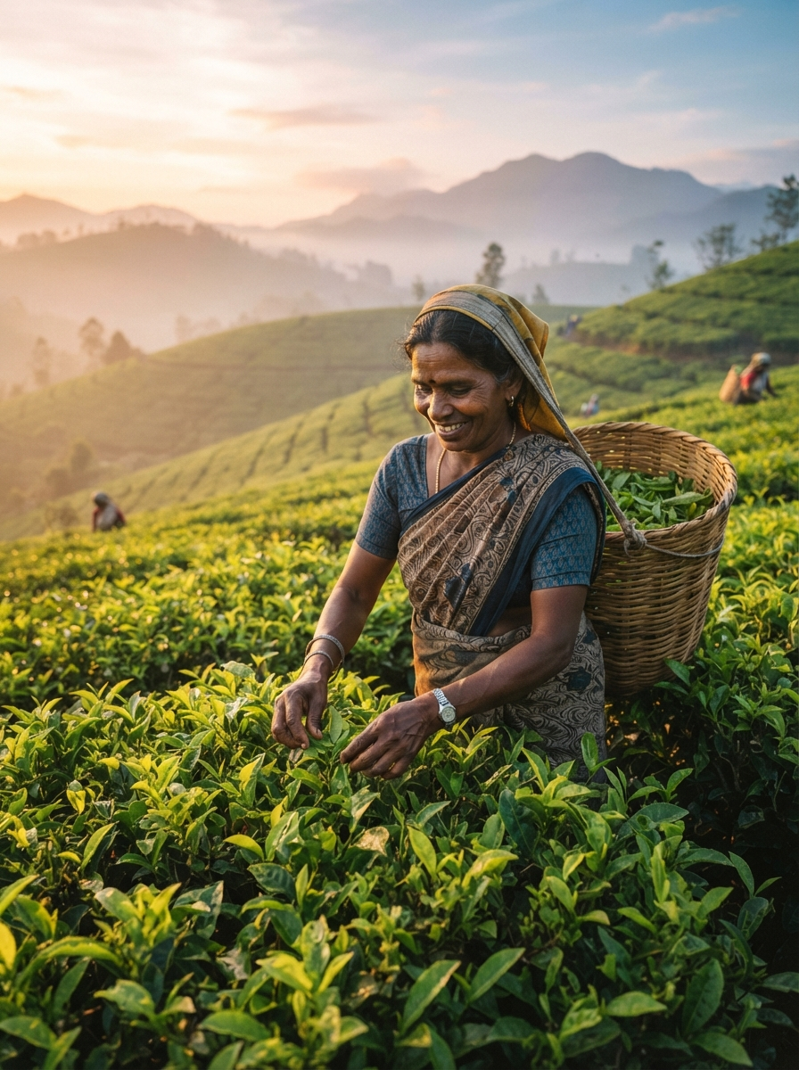 Tea picker in green tea fields at sunrise