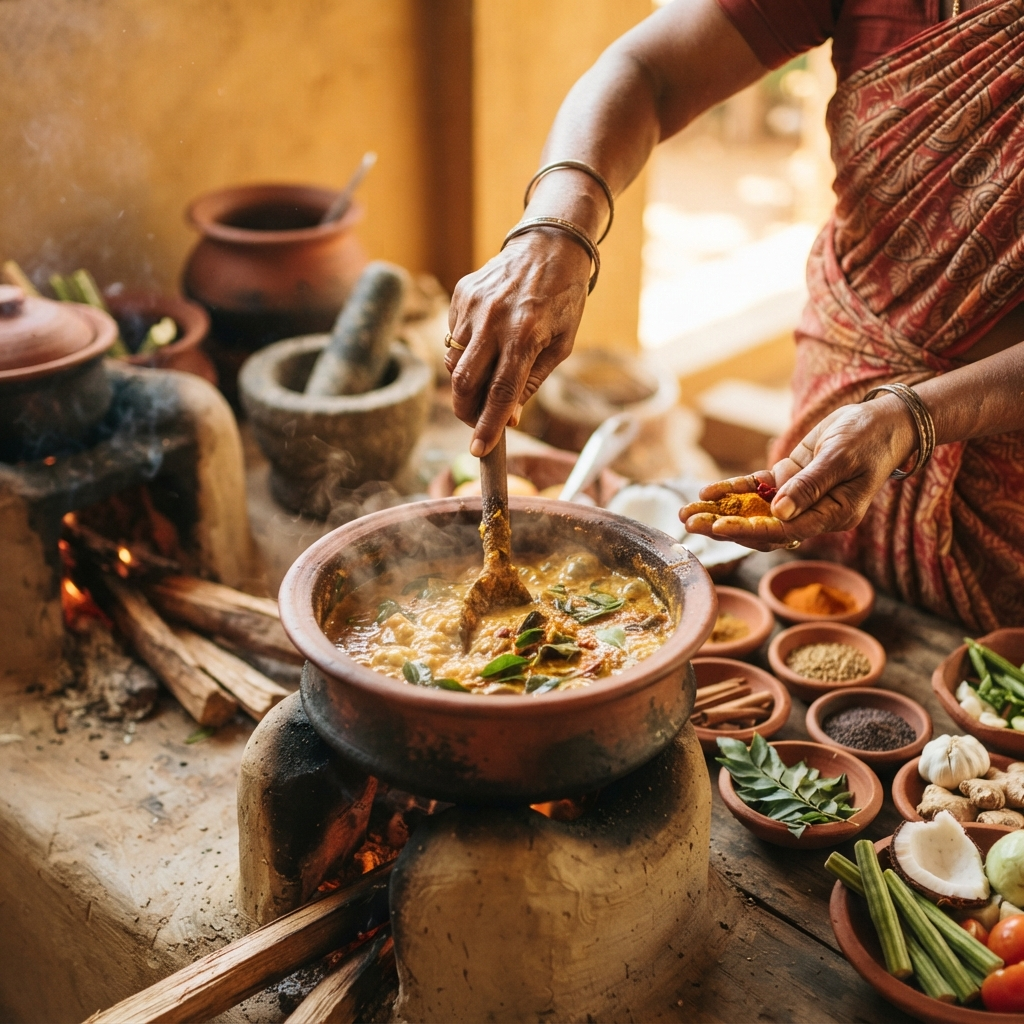 Hands preparing Sri Lankan food in traditional kitchen