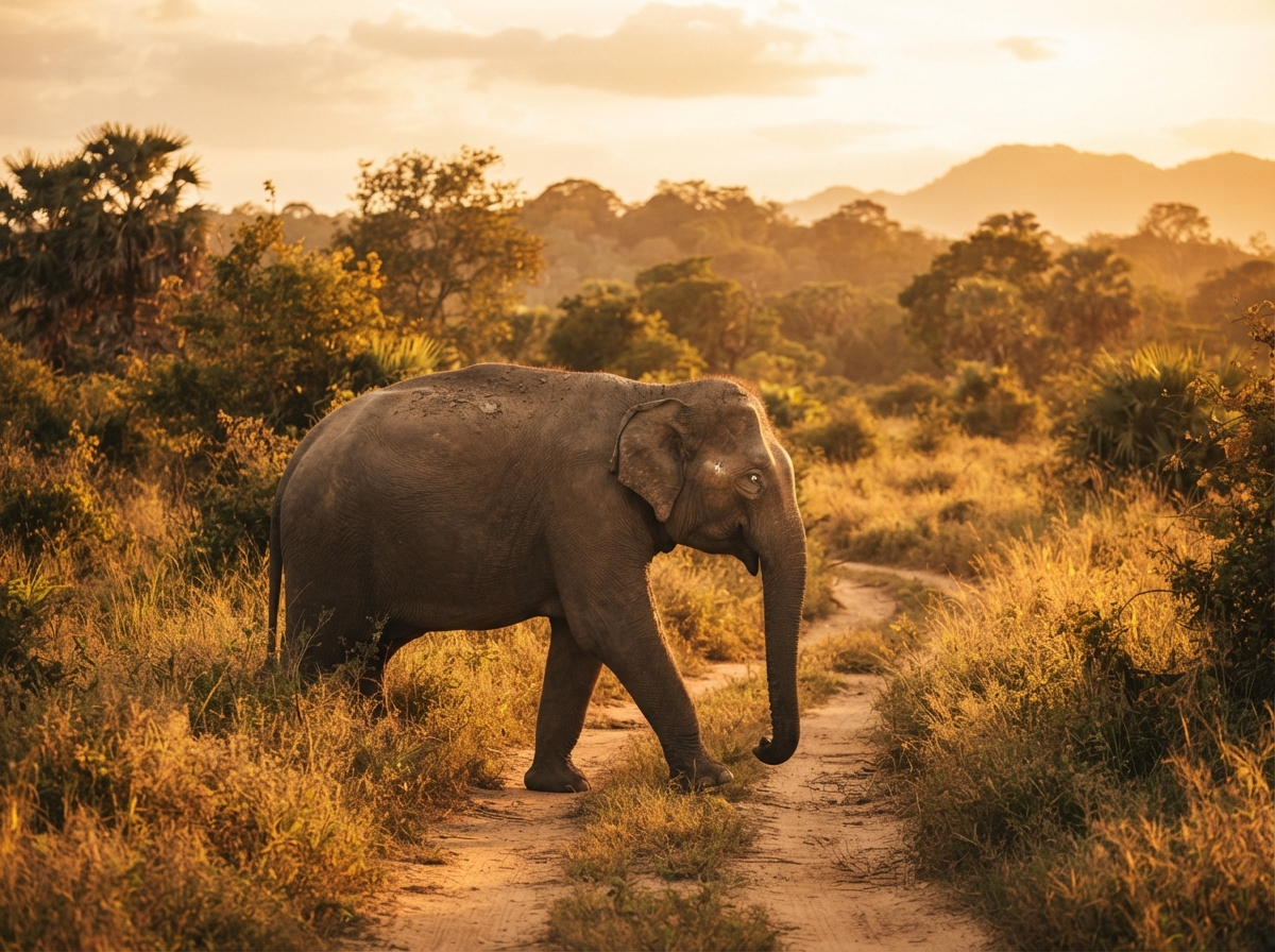 Wild elephant at golden hour in natural landscape