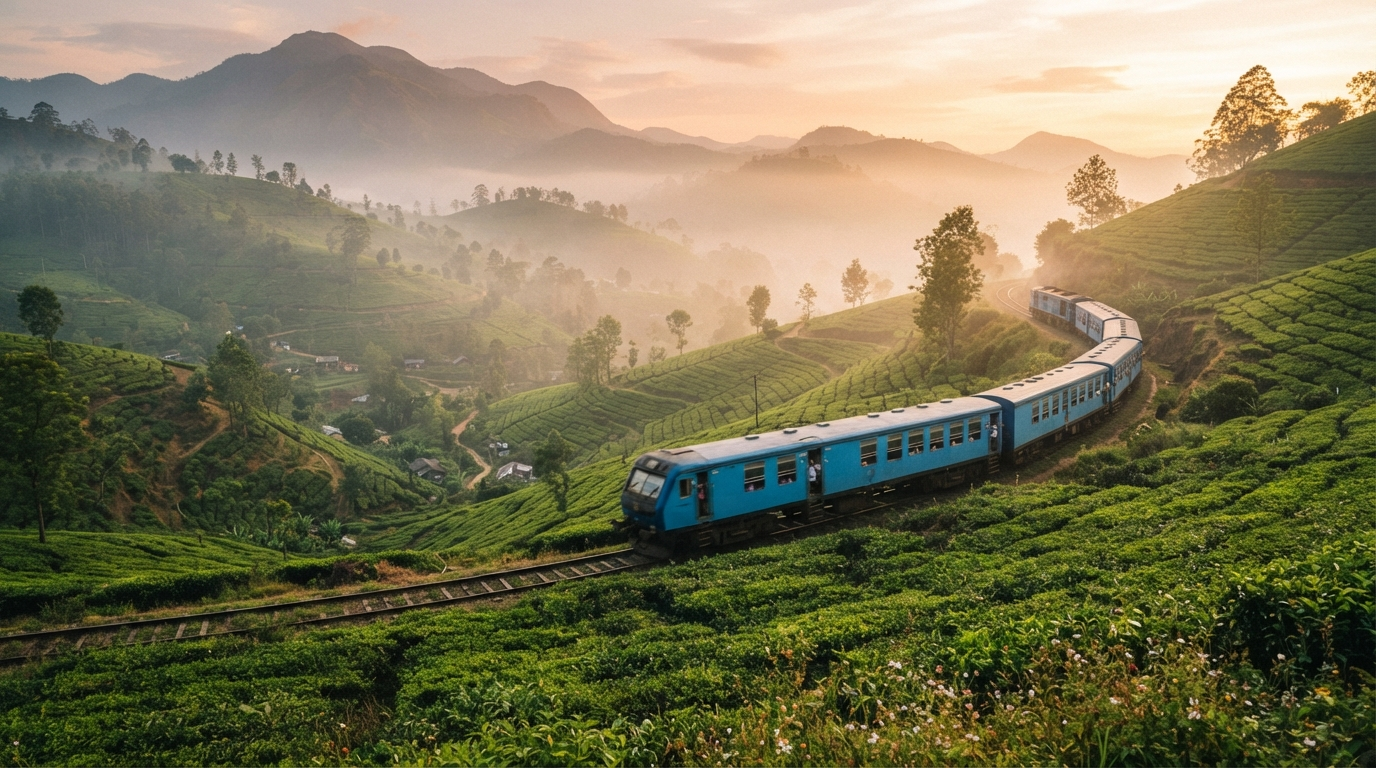 Blue train traveling through misty tea plantations