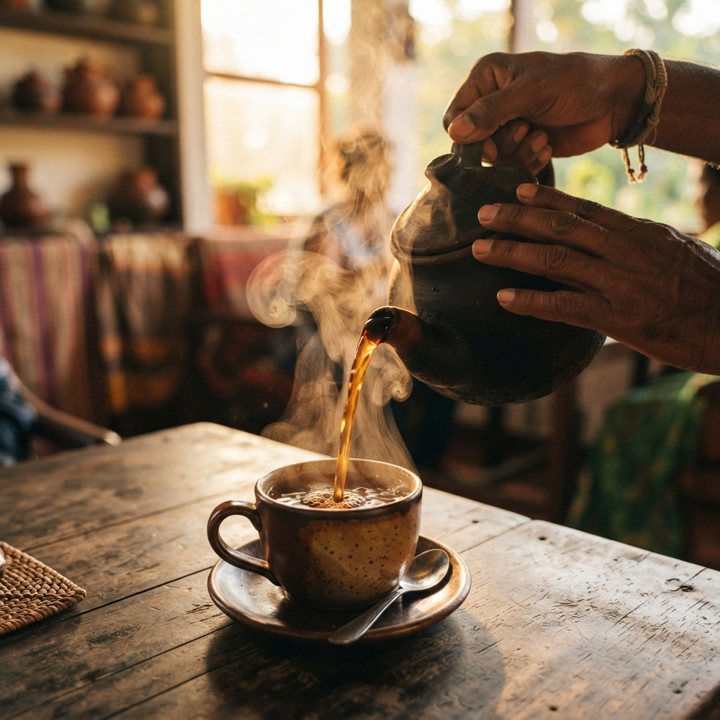 Tea being poured into cup with steam