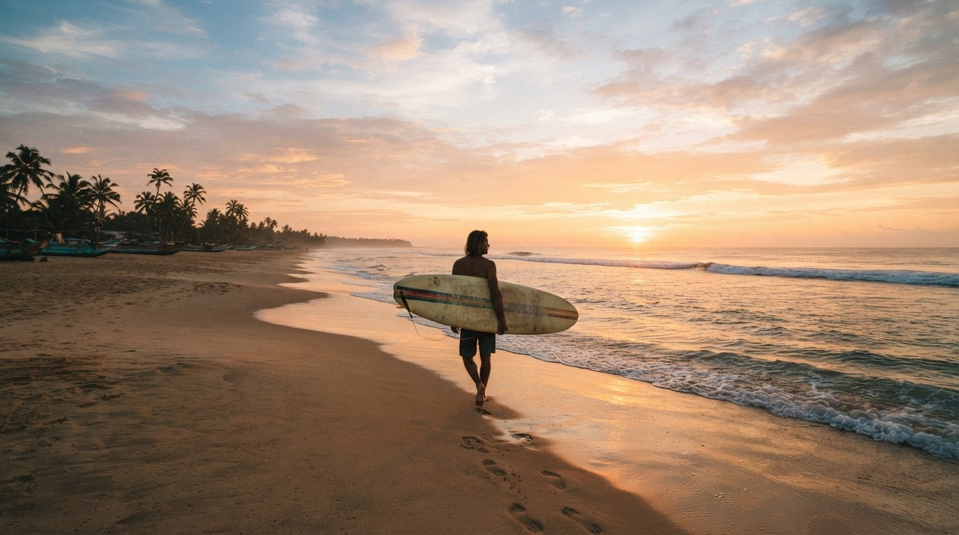 Surfer walking toward ocean at sunrise