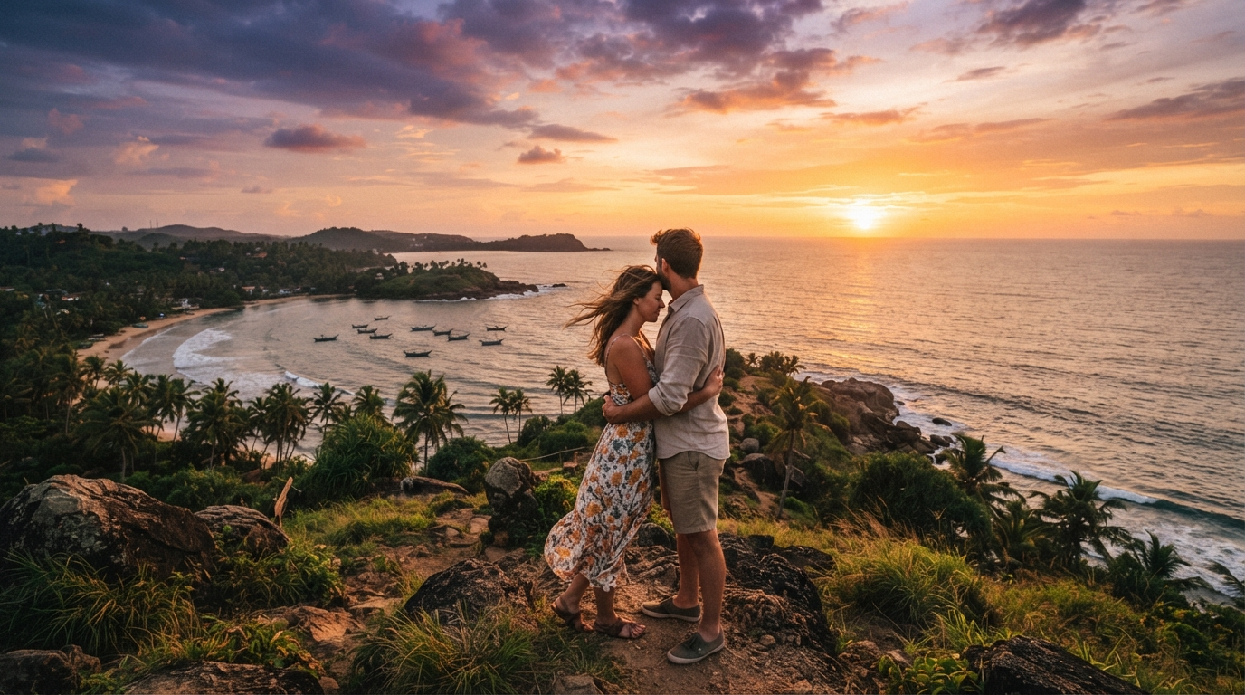 Couple watching tropical sunset over Sri Lankan landscape
