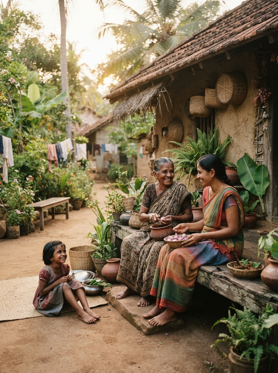 Local Sri Lankan village scene with people and traditional house