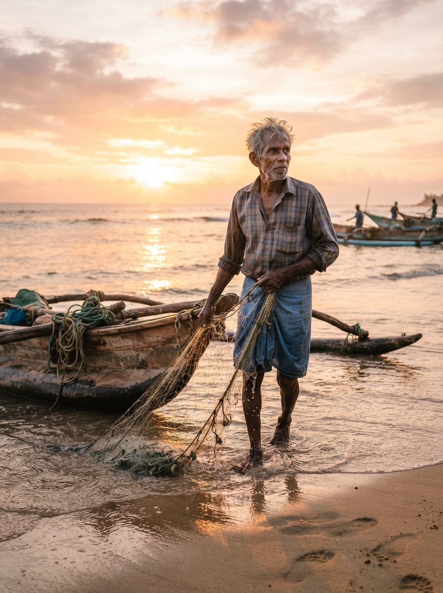 Sri Lankan fisherman at dawn by the ocean