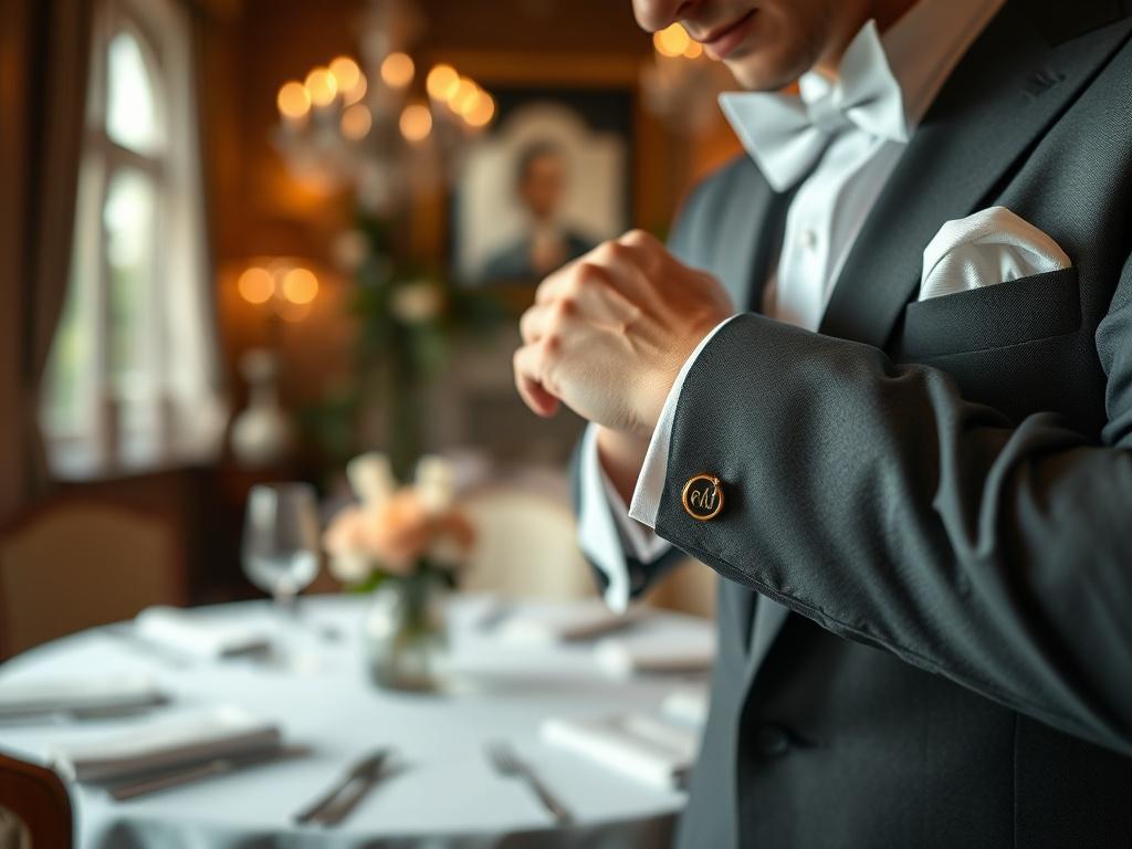 A close-up shot of a serene and inviting setting, showcasing a beautifully arranged space that reflects elegance and sophistication. The image focuses on a well-dressed individual adjusting their cufflinks, symbolizing preparation for a special occasion. The background should be softly blurred to emphasize the subject, with soft lighting that creates a warm and inviting atmosphere. The color palette should harmonize with rgb(50, 170, 39), enhancing the overall appeal.