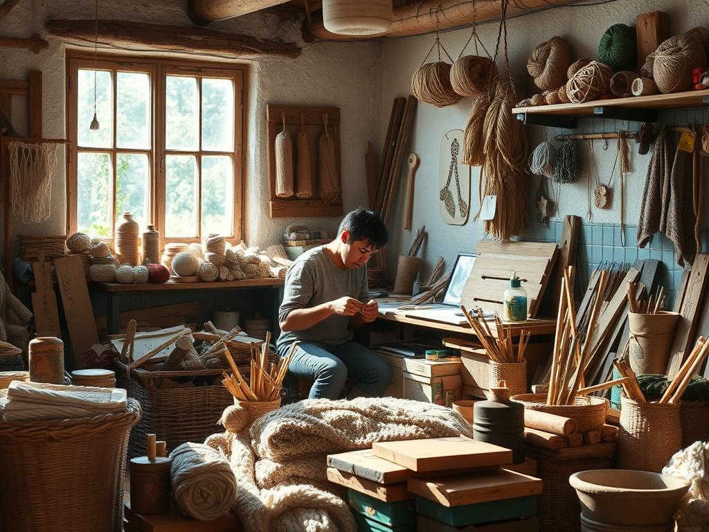 A cozy workspace filled with crafting materials like yarn, paints,