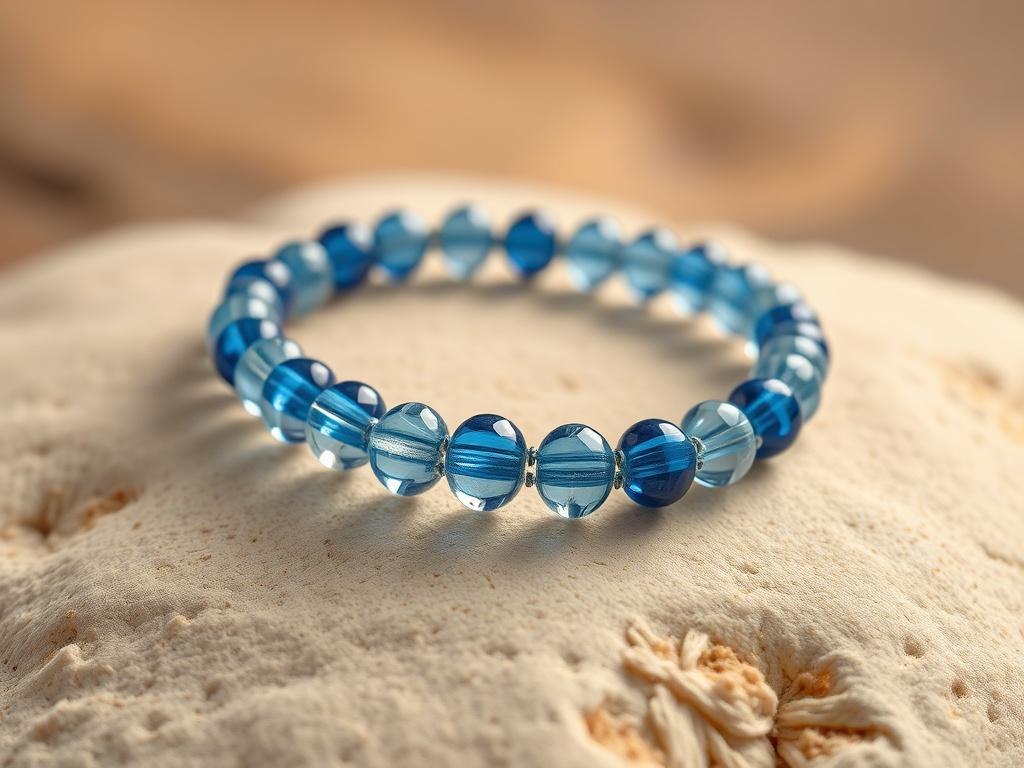 A single handmade bracelet featuring a stunning blend of blue and clear beads, elegantly displayed on a soft, natural-textured surface. The bracelet is the focal point, showcasing its intricate design and craftsmanship. The background is softly blurred to emphasize the colors and details of the bracelet, with warm, earthy tones that complement the vibrant blue and clear beads.