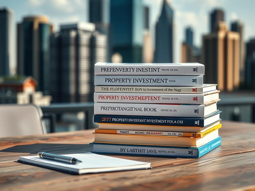 A high-resolution close-up of a stack of property investment books on a rustic table, with a notepad and pen beside them. The background should feature a blurred out city skyline, representing growth and investment opportunities. Soft natural lighting enhances the composition, focusing on the books as the main subject.