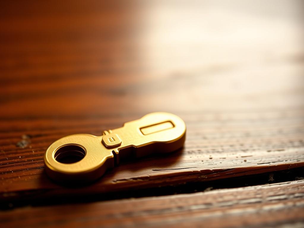 A high-resolution close-up shot of a golden key on a wooden desk, symbolizing exclusive access. The background is softly blurred, focusing on the key, with warm lighting to evoke a feeling of value and importance. The composition is simple and clear, showcasing the key as the central subject, against a rich, dark wood surface.