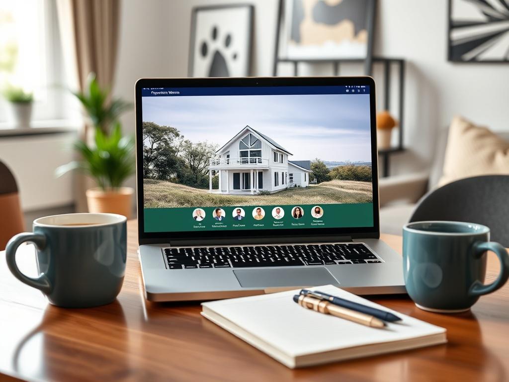 A high-resolution close-up of a laptop displaying a property investment webinar on the screen, placed on a stylish desk. A coffee cup and a notepad sit nearby, indicating an engaging study session. The background features a well-lit room with modern decor, enhancing the learning atmosphere.