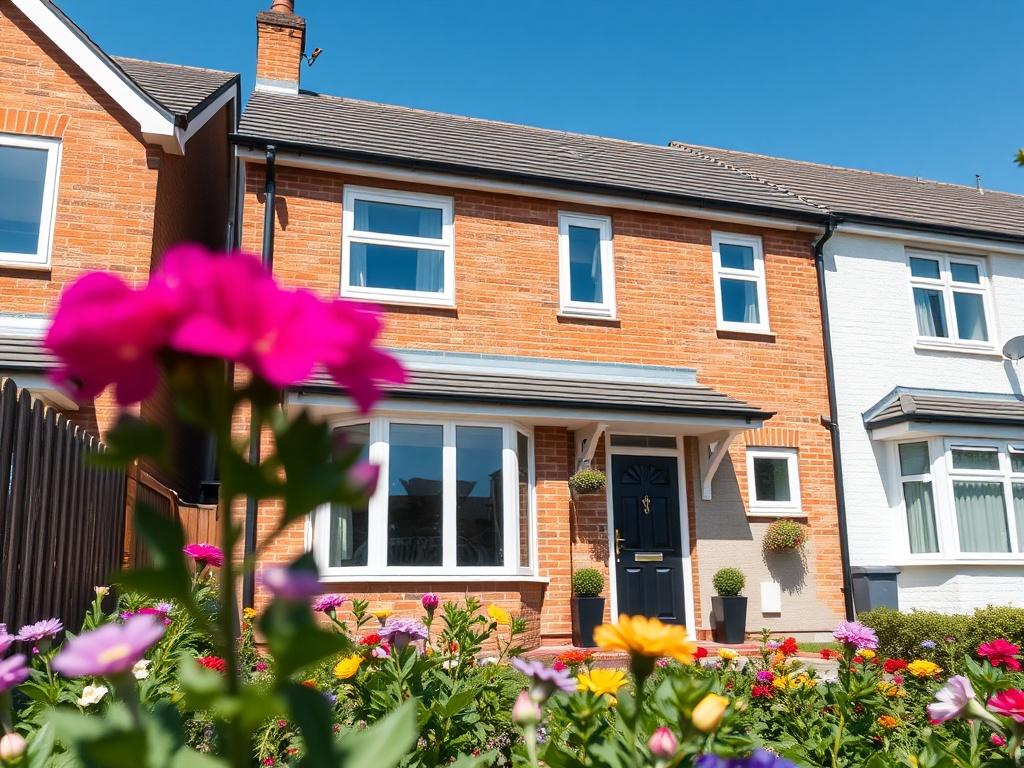A high-resolution close-up shot of a beautifully refurbished two-bedroom house in Erdington, Birmingham. The image should showcase the modern and inviting exterior of the property, with vibrant flowers in the garden and clear blue skies in the background. The composition should be simple and clear, focusing on the home's charming details, captured with a 45mm f/1.2 lens.
