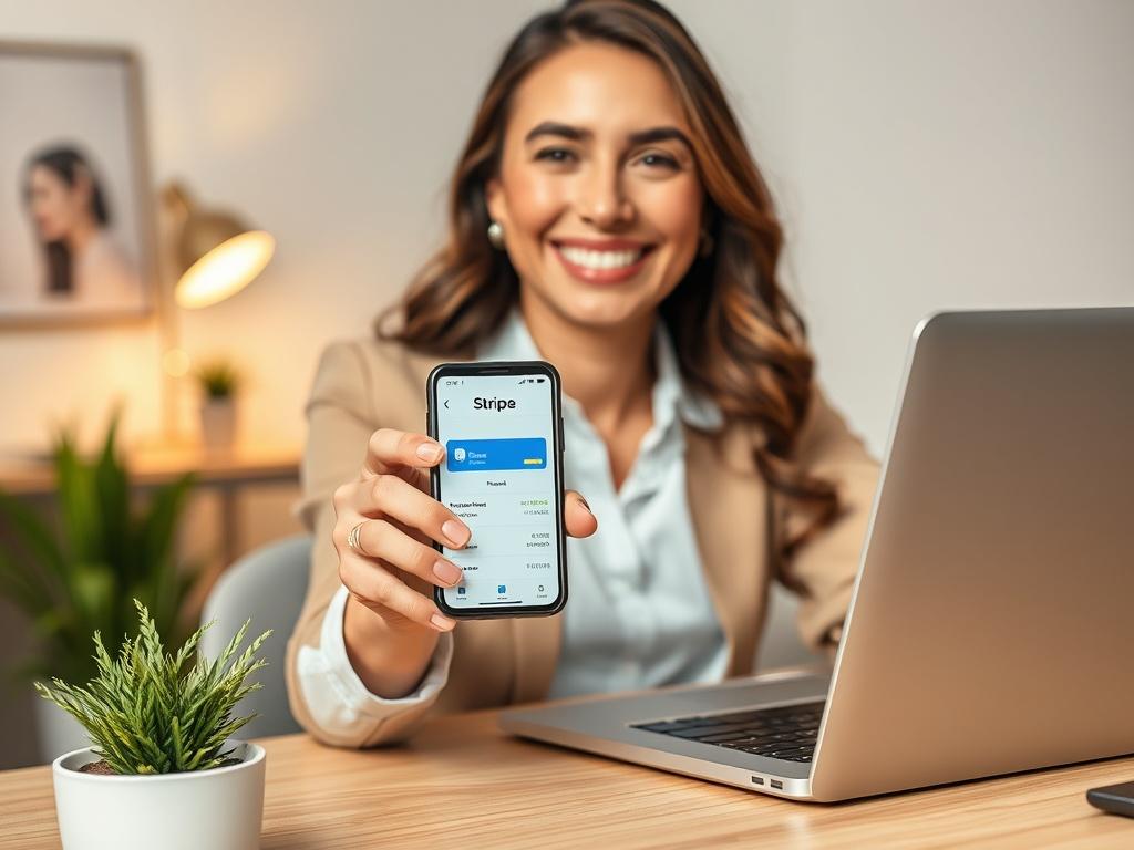 Create a highly detailed and realistic high-resolution photo that captures the essence of receiving payments online. Focus on a close-up shot of a confident entrepreneur, a woman in her 30s, smiling while holding a smartphone displaying the Stripe and PayPal apps. She is sitting at a modern, minimalist desk with a laptop open in front of her, showcasing a successful website dashboard. 

The background should be softly blurred, featuring a well-lit, contemporary office space with neutral tones and a subtle h