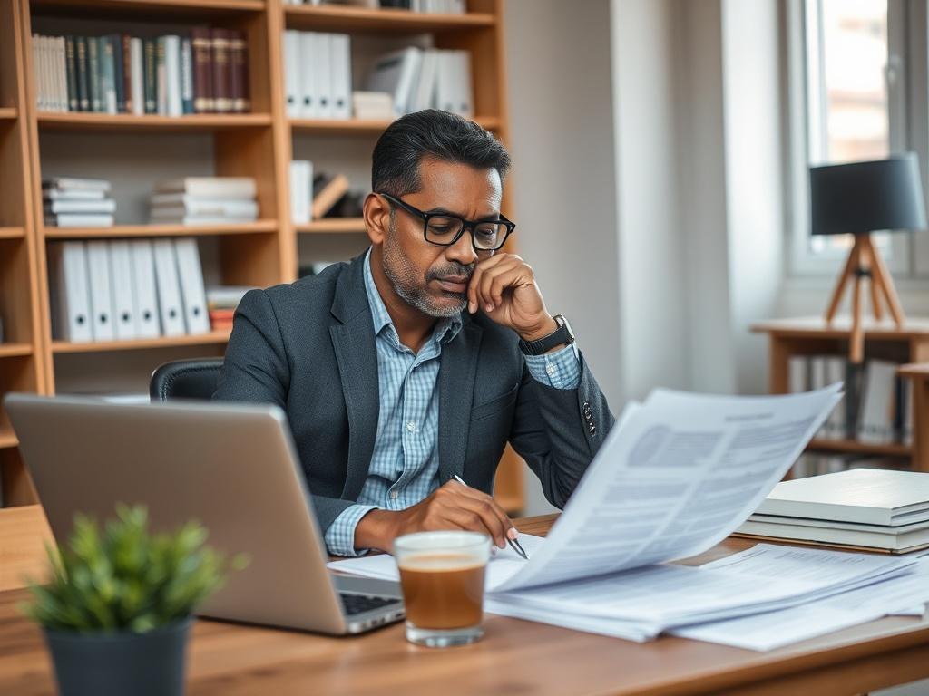 Create a highly realistic, high-resolution image that captures the essence of a blog post titled "Understanding the Renters Reform Bill 2025." The composition should focus on a single subject: a thoughtful person seated at a modern desk, analyzing documents related to property regulation. This individual should appear engaged and contemplative, with a look of concentration while scanning the paperwork before them.

The subject can be a middle-aged individual of diverse descent, dressed in smart casual attir