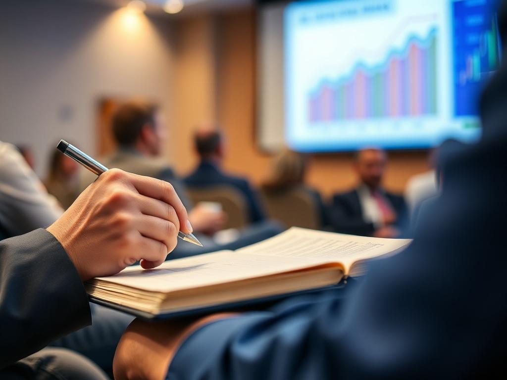 A hyper-realistic close-up shot of a person taking notes during a property investment seminar, with a focus on their hand writing in a notebook. The background should show a blurred image of a property investment chart on a screen. The color scheme should incorporate elements of blue, specifically rgb(40, 93, 225), to match the primary color.