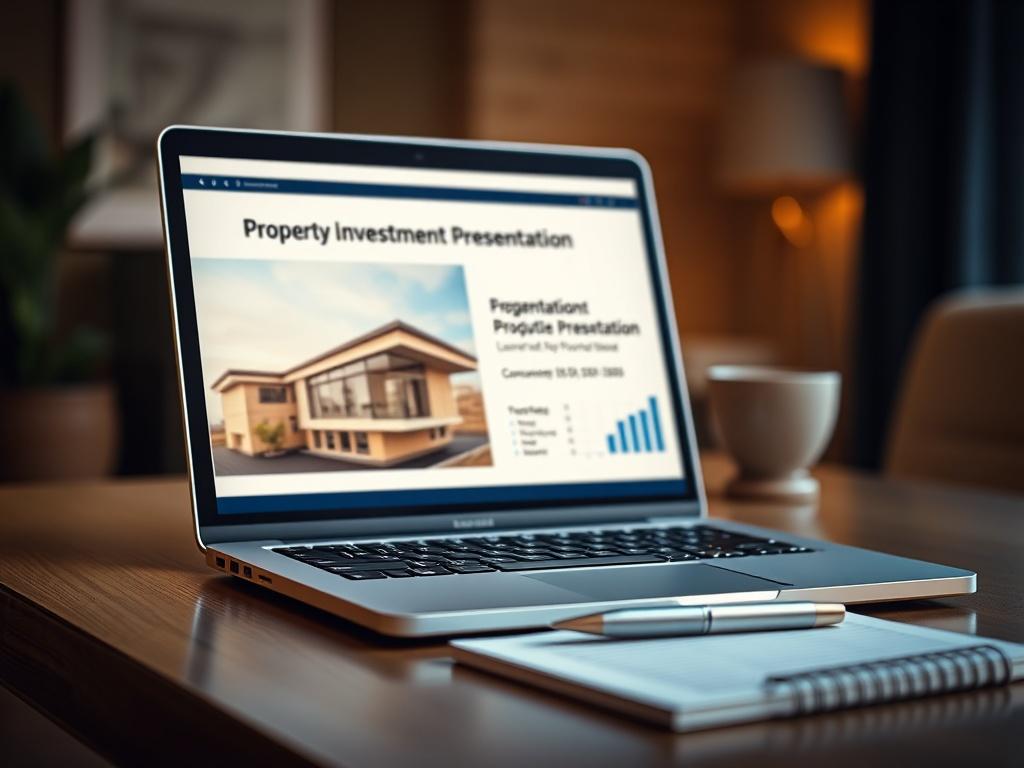 A hyper-realistic close-up shot of an open laptop displaying a property investment presentation, with a notepad and pen beside it. The background should be softly blurred to emphasize the laptop, with warm lighting to create an inviting atmosphere. The color scheme should have elements of blue, specifically rgb(40, 93, 225), to match the primary color.