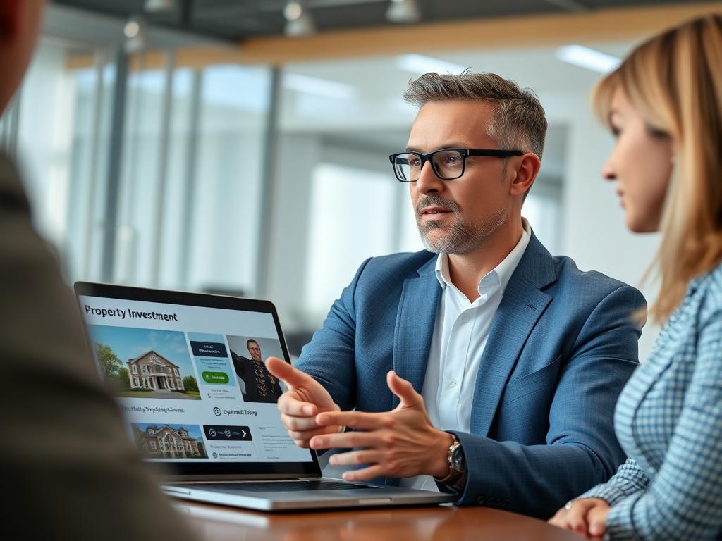 A high-resolution close-up shot of a professional mentoring session, featuring a mentor and a mentee engaged in conversation, with a modern office setting in the background. The mentor is a middle-aged man with a confident expression, gesturing towards a laptop displaying property investment content. The background should be softly blurred to emphasize the interaction, and the color palette should incorporate shades of blue and white, reflecting the brand colors.