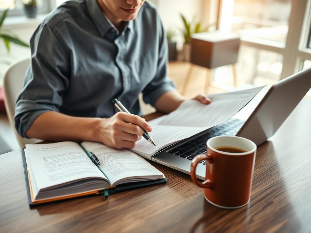A high-resolution close-up shot of a young aspiring investor studying property investment materials at a modern desk. The scene showcases a laptop, a notebook filled with notes, and a cup of coffee, all set in a bright, inviting workspace. The colors should feature hints of blue, consistent with the brand, and the focus should be on the materials being studied.