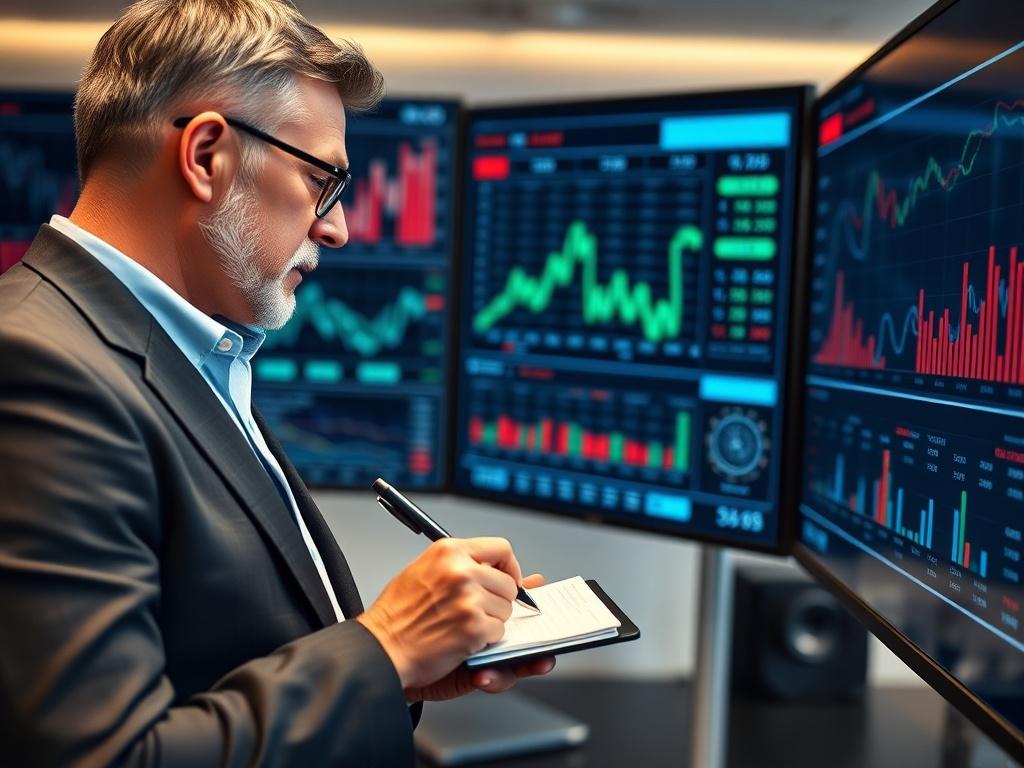 A high-resolution close-up shot of a seasoned property investor reviewing market data on a large screen. The setting should be a sleek, modern office with financial charts on the wall. The investor, a confident individual in professional attire, should be focused on the screen, with a notepad and pen ready for notes. The color scheme should incorporate key brand colors, enhancing a professional atmosphere.