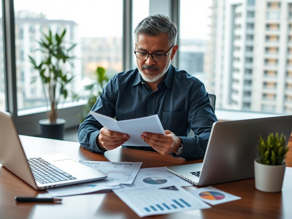 Create a realistic high-resolution image that visually embodies a blog titled "How to Build a Profitable Property." The composition should showcase a well-organized workspace, featuring a single subject: a focused individual (a middle-aged South Asian man) sitting at a sleek wooden desk, reviewing property plans and financial documents. 

The man should be portrayed in a thoughtful posture, with a notepad in hand, jotting down insights, symbolizing strategic planning. Surrounding him should be a few open do
