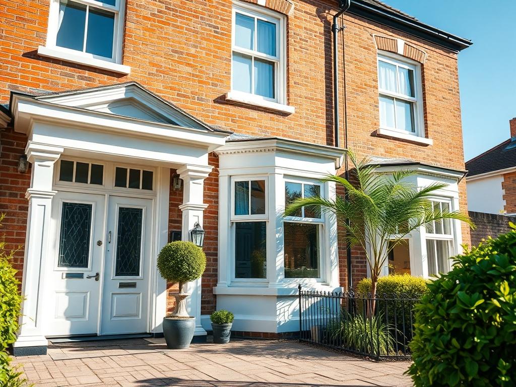 A beautifully renovated HMO property in Hull, showcasing modern architecture and inviting entrance. The image should focus on the front façade of the building with fresh paint, new windows, and a well-maintained garden. The background should feature a clear blue sky, and the lighting should highlight the details of the building's exterior.