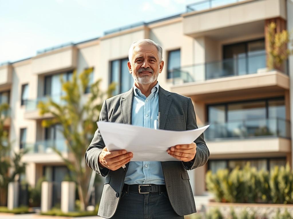 **AI Image Generation Prompt:**

Create a realistic high-resolution photo that embodies the theme "Mastering Property Development." The main subject of the image should be a confident property developer standing in front of a recently renovated residential building. The developer, a middle-aged individual dressed in smart-casual attire, should convey expertise and enthusiasm, holding a set of blueprints in one hand while gesturing towards the building with the other.

The background should feature the completed building with modern architectural design, showcasing large windows, fresh paint, and well-maintained landscaping. The setting should be a bright, sunny day, with soft, natural lighting highlighting the building’s features and the developer’s expression. Ensure a simple and clear composition that keeps the focus on the subject while allowing the building to represent the essence of successful property development.

This image should inspire a sense of confidence and professionalism, reflecting the theme of "Unlock the secrets to successful property development with expert insights." Use a color palette compatible with rgb(40, 93, 225) to maintain a cohesive visual identity.