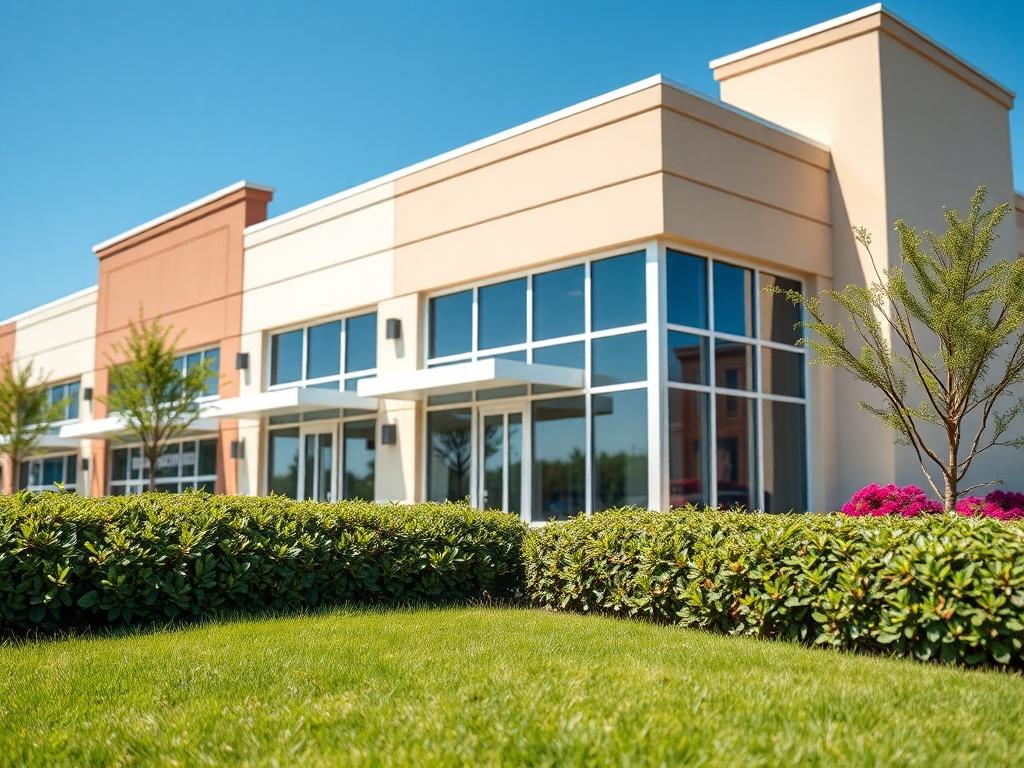 A hyper-realistic close-up of a refurbished commercial unit, showcasing modern design elements and vibrant landscaping. The image should highlight the building’s exterior with large windows and fresh paint, set against a clear blue sky. The foreground should include a lush green lawn with neatly trimmed hedges, emphasizing the unit's inviting appearance. The composition should be simple and clear, focusing solely on the building, captured with a 45mm f/1.2 lens for a striking depth of field.
