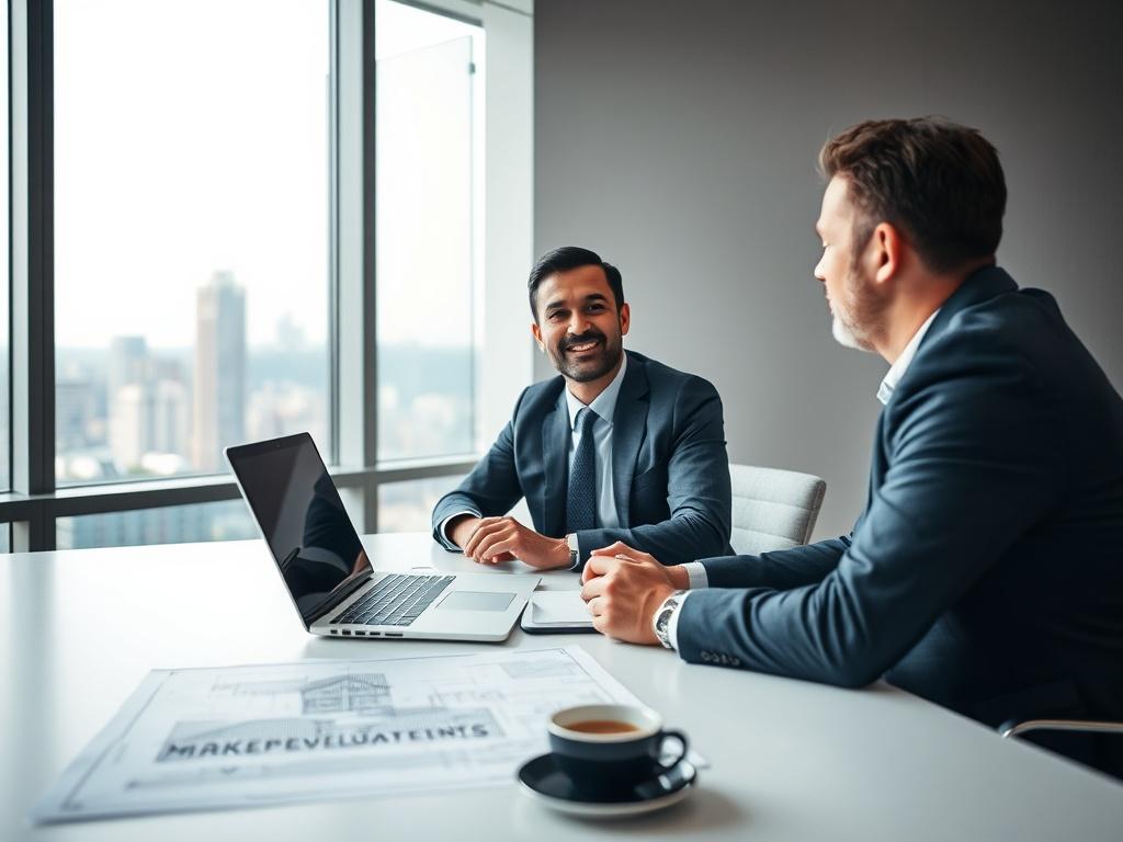 Create a realistic high-resolution image for a blog post titled "Joint Ventures in Property: How to Collaborate for Success." The composition should feature a single, focused subject—a professional property developer, a middle-aged South Asian man in smart business attire, engaged in a discussion with a colleague at a modern office meeting table. 

The background should depict a spacious, well-lit conference room with large windows allowing natural light to filter in, showcasing a city skyline. The walls sh