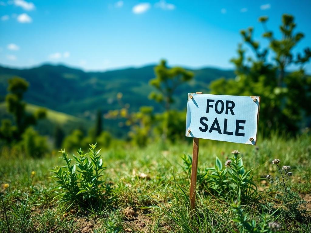 A close-up shot of a beautiful piece of virgin land with a scenic landscape in the background, showcasing vibrant greenery and a clear blue sky. The focus should be on a 'For Sale' sign on the land, emphasizing investment potential. The composition should be simple and clear, highlighting the natural beauty and opportunity of the land, rendered in hyper-realistic detail with a shallow depth of field.