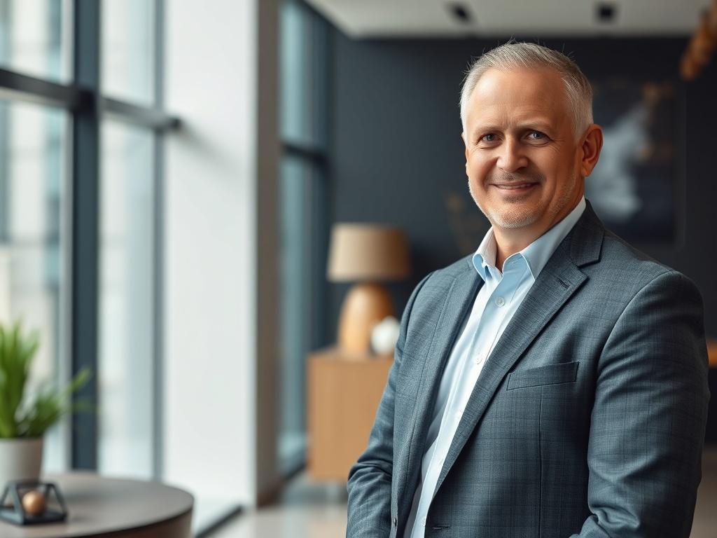 Create a highly detailed, realistic high-resolution photo of Indy Mann, a distinguished property developer and mentor, to accompany a blog post titled "Mastering the BRRR Strategy." Capture him in a professional setting that conveys expertise and confidence.

**Subject Matter**: Feature Indy Mann as the solitary subject, standing confidently, dressed in smart business attire (such as a tailored suit or blazer) that reflects professionalism. His expression should exhibit approachability and expertise, with a