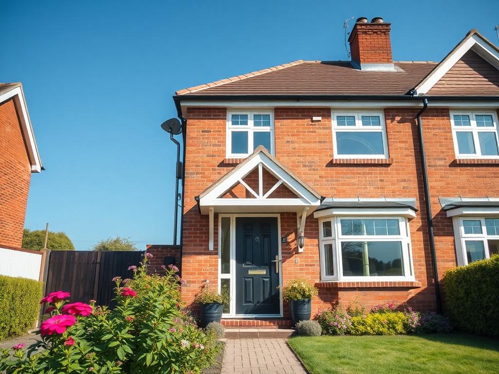 A realistic high-resolution photo of a beautifully renovated semi-detached 3-bedroom house located in Wolverhampton. The house features a charming brick exterior with a well-maintained front garden, showcasing vibrant flowers. The image captures the front view of the house, with a clear blue sky in the background. The focus is on the inviting entrance with a stylish door, and the composition is simple and clear, emphasizing the house's appealing architectural details.