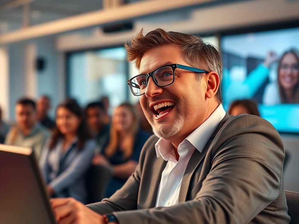 A realistic high-resolution photo of a passionate mentor conducting a live property investment webinar. The setting should be dynamic, showcasing a virtual audience engaged in the session. The mentor should be animated and enthusiastic, conveying a strong connection with participants. Bright colors and modern technology should be present, with an emphasis on professionalism and energy, complementing the primary color rgb(40, 93, 225).