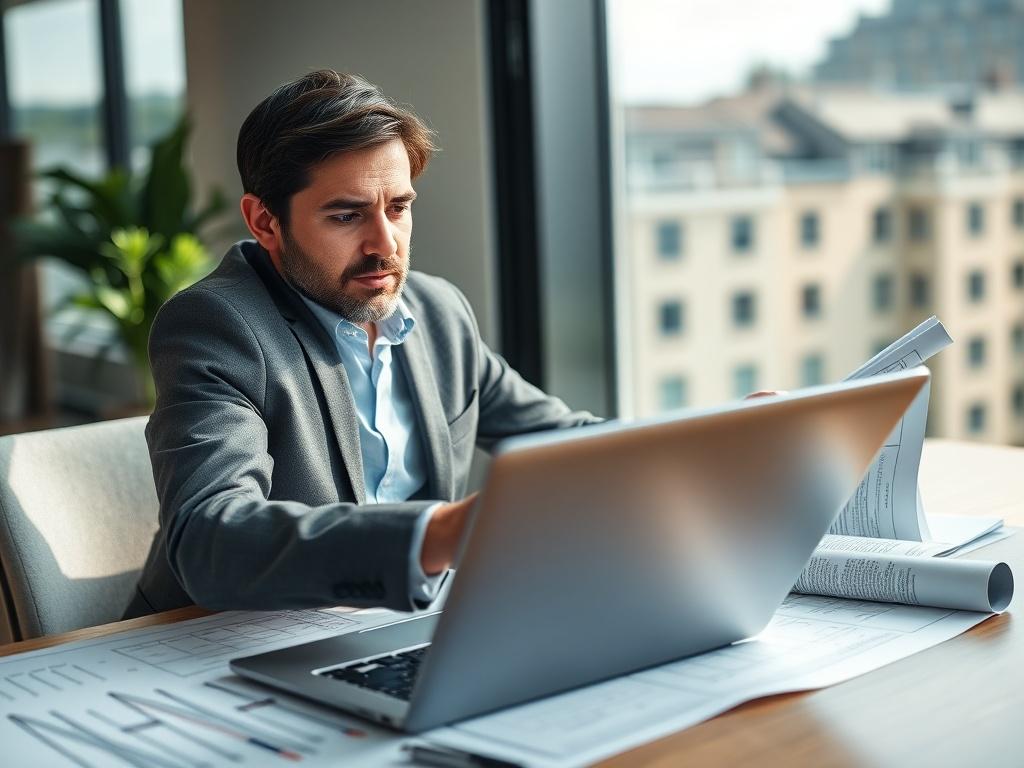 A realistic high-resolution photo of a confident property investor reviewing plans with a laptop and property documents on a desk. The setting should be modern and professional, with natural light enhancing the atmosphere. The subject should be focused and engaged, conveying a sense of determination and clarity. The background should include elements of property development, like blueprints or architectural designs. The color scheme should harmonize with the primary color rgb(40, 93, 225).