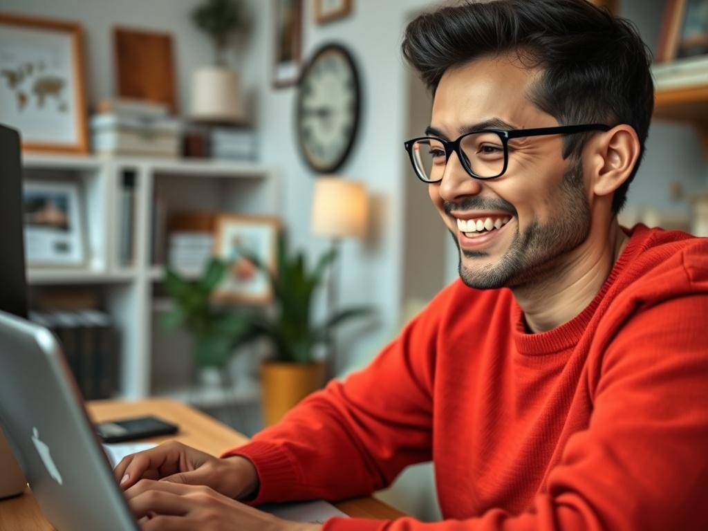 A high-resolution close-up shot of a satisfied property investor smiling while attending a virtual masterclass on a laptop. The scene should depict a cozy home office environment, with property-related items in the background. The subject should appear engaged and inspired, showcasing the positive impact of the educational experience. The overall aesthetic should resonate with the primary color rgb(40, 93, 225).