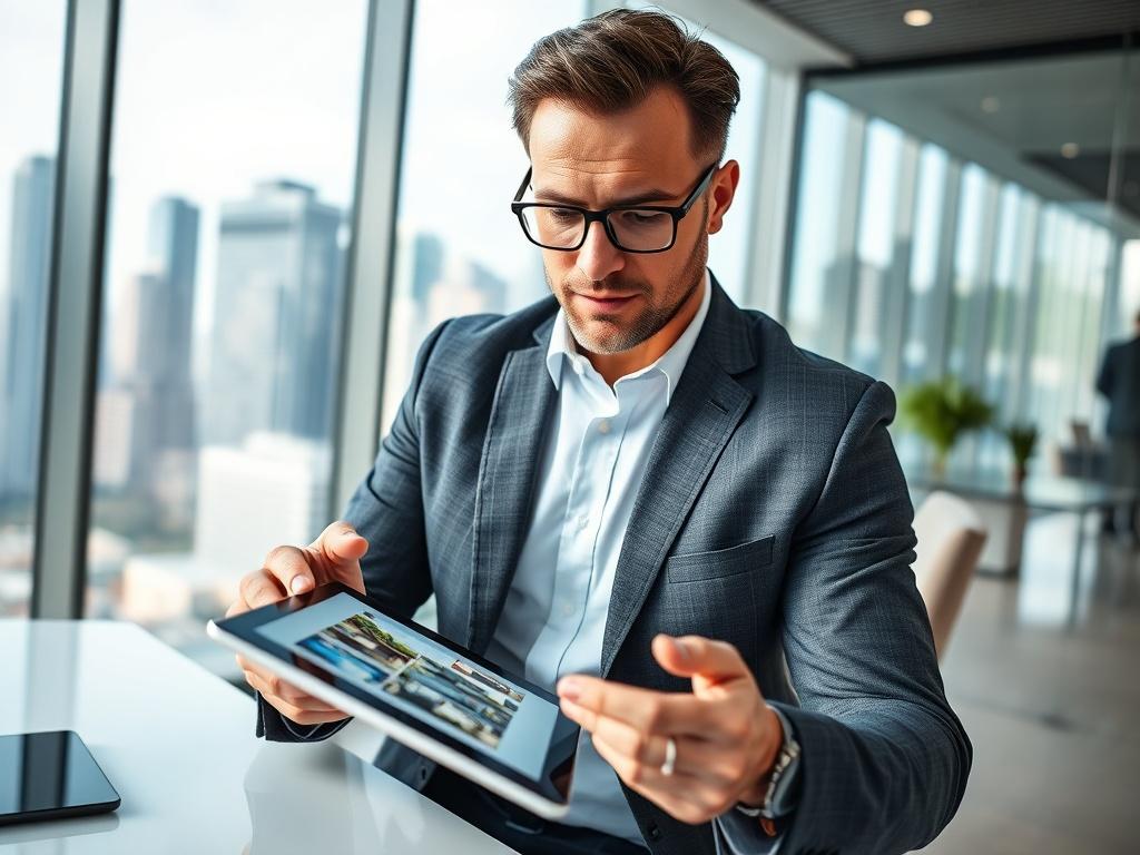 A close-up shot of a confident property developer reviewing a property listing on a tablet. The developer is in a modern office setting with a sleek desk and a view of a city skyline in the background. The focus is on the tablet displaying property images, with the developer's thoughtful expression highlighted. The composition is simple, emphasizing the subject and the technology used in property deal sourcing.
