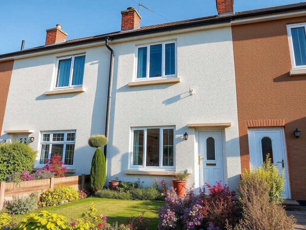 A beautifully renovated 3-bedroom mid terrace house in Newcastle-under-Lyme, showcasing a modern exterior with vibrant landscaping. The image should focus on the front of the house, highlighting the fresh paint on the facade and well-kept garden. The setting should be bright and inviting, with clear blue skies in the background, reflecting a warm, welcoming atmosphere.