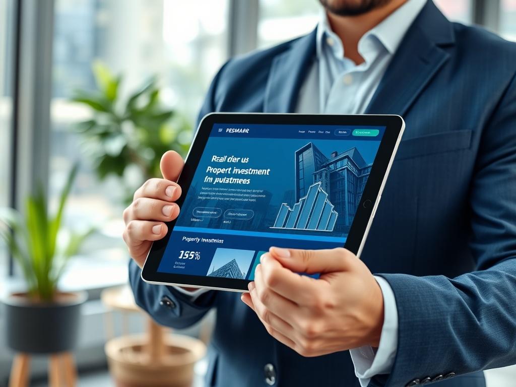 Create a realistic high-resolution photo focusing on a modern digital tablet showcasing a sleek property investment platform interface. The tablet should be centered in the foreground, held by a well-dressed individual, hinting at professionalism and expertise in the property market. The person's hands should be visible, gently grasping the tablet. 

In the background, include a softly blurred setting of a contemporary office environment with large windows, allowing natural light to pour in. The office shou