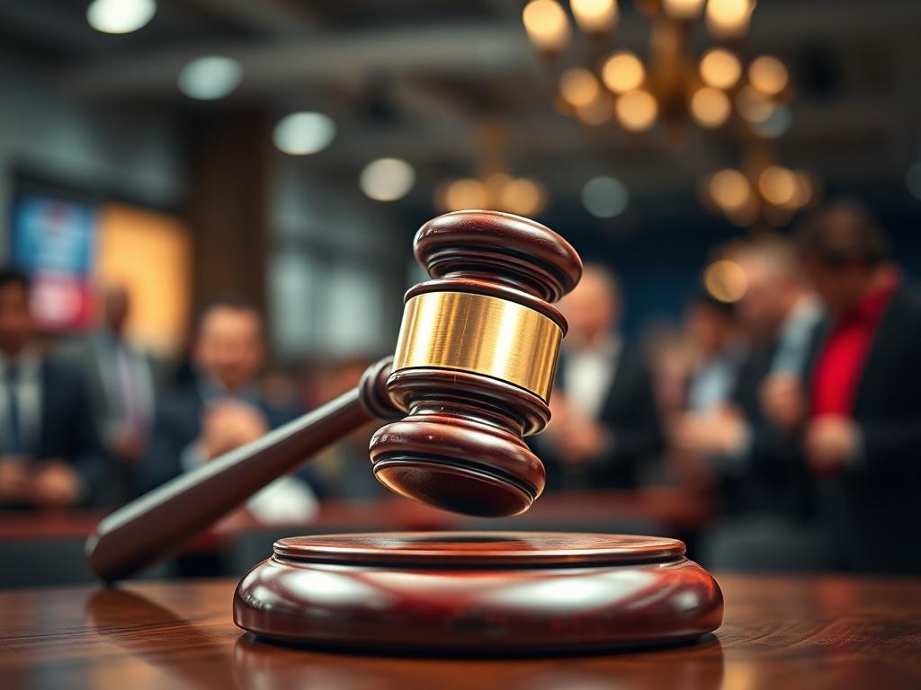 A close-up shot of a gavel hitting an auction block, symbolizing a property auction. The image should be hyper-realistic, showcasing the gavel in sharp focus against a blurred background of an auction setting, with bidders in the distance. The colors should be vibrant yet professional, capturing the intensity and excitement of an auction. Ensure the composition highlights the gavel and block as the main subject.